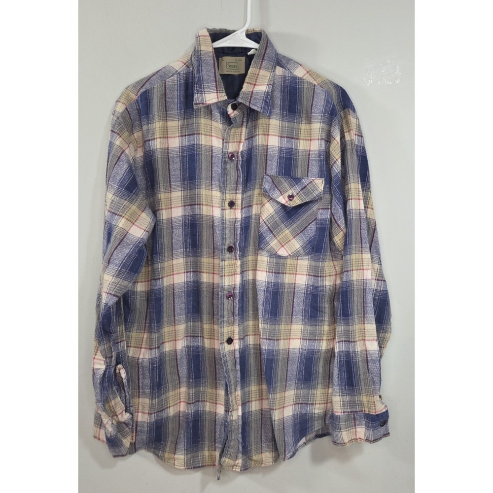 Sears Vintage Blue Tan Red ‎ Flannel Shirt Large 16-161/2 Made in Jamaica